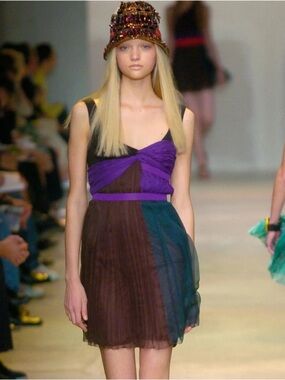 Vintage Prada Spring 2005 Pleated Draped Green & Purple Silk Chiffon Mini Dress